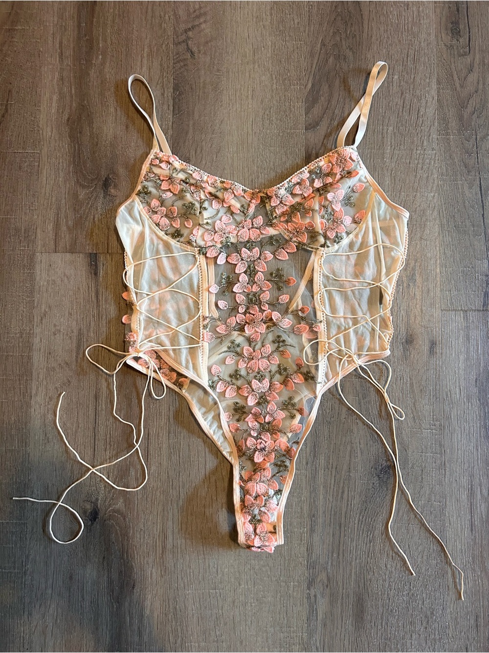 Cider Pink and Gold Floral Sheer Lace Bodysuit